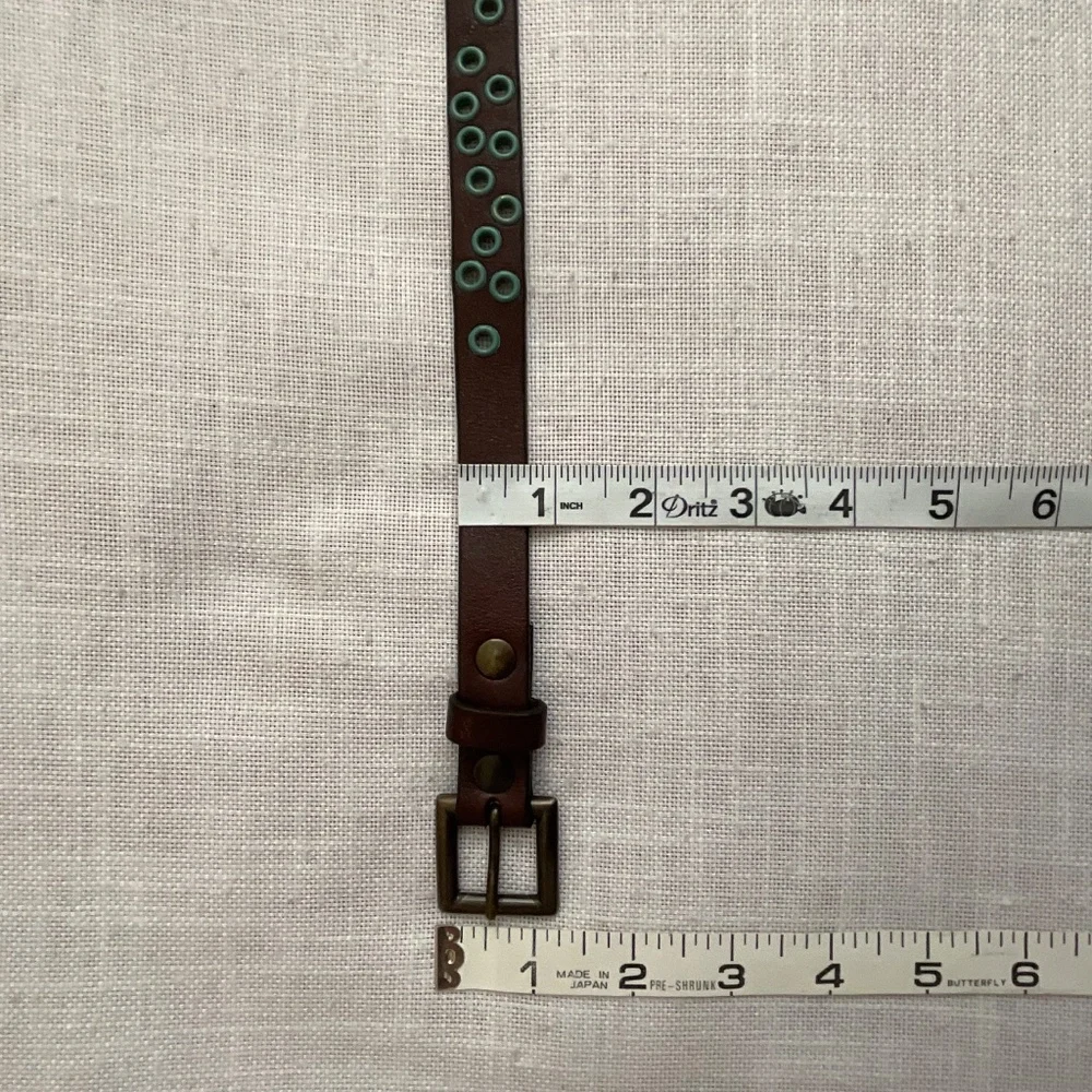 Brown Leather Boho Belt Blue Decorative Holes Size 31”-35”